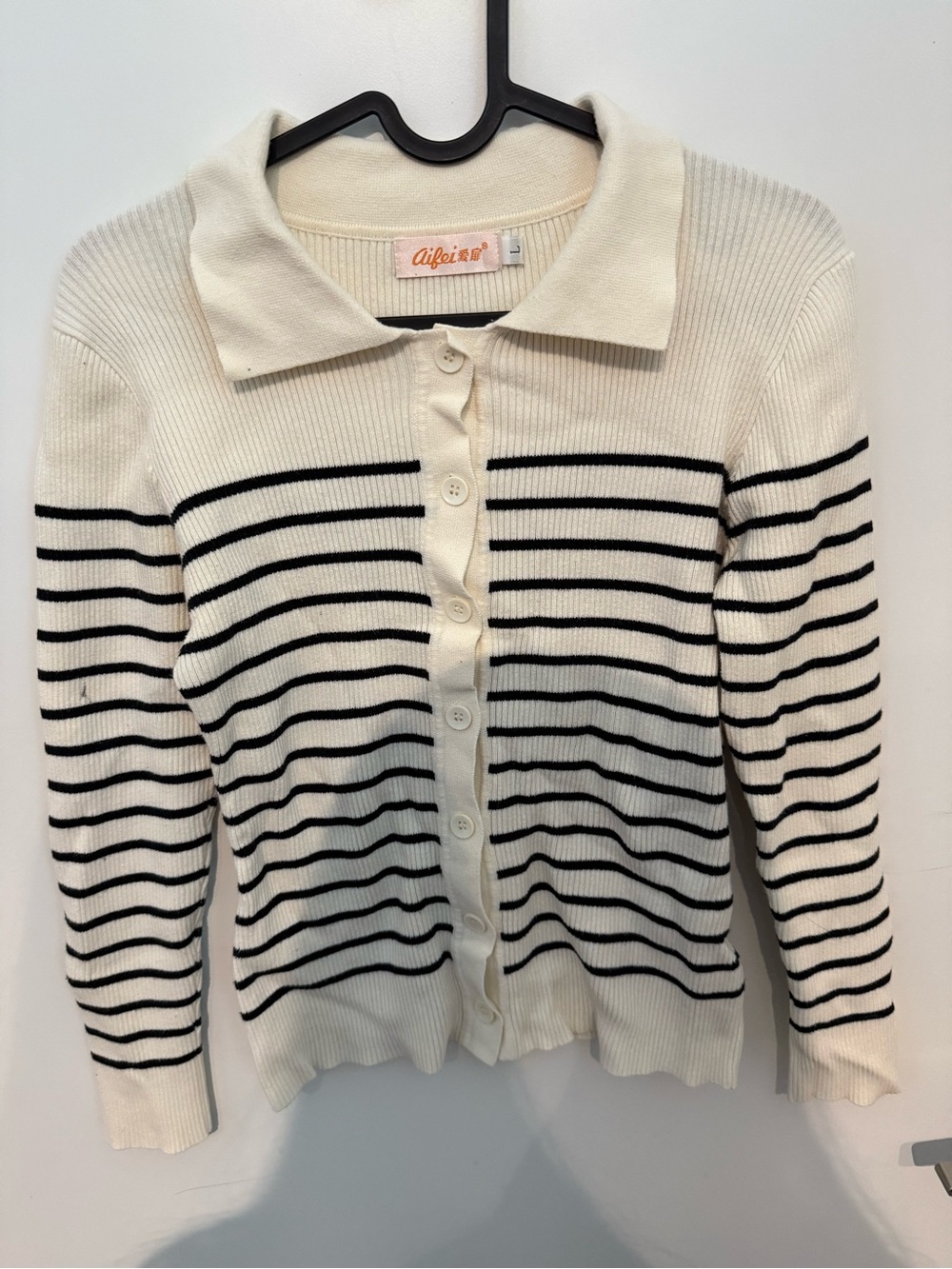 Black & White Striped Knit Button-Up Cardigan Sweater | Soft Ribbed Collared Top
